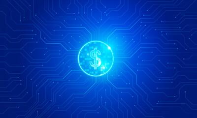 Brightly glowing AI chip on light circuit board on technology blue technology of us dollar symbol Hitech communication concept of private key digital world, vector design.