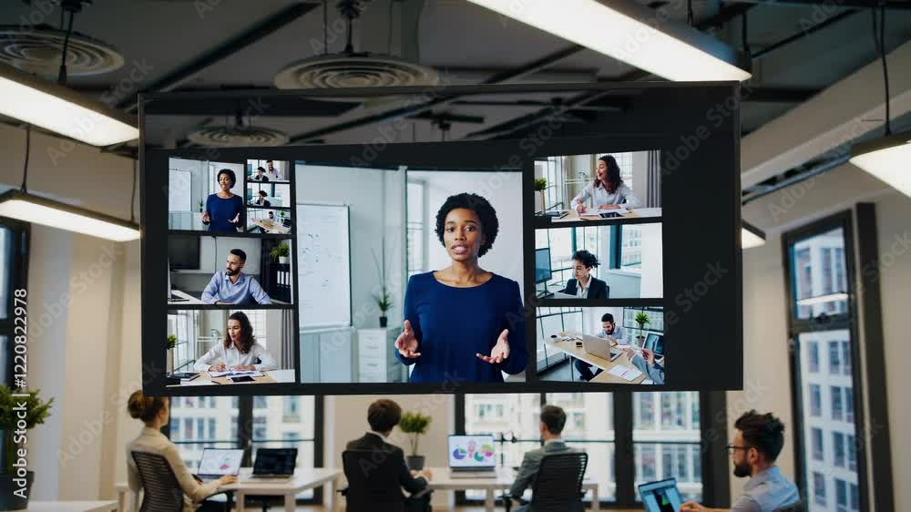Aufkleber team collaboration in a modern office during a virtual meeting with multiple participants discussing