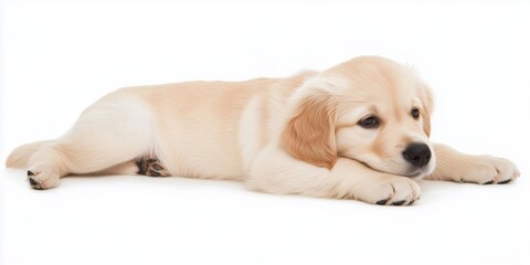 Golden retriever puppy resting calmly indoors on a soft surface