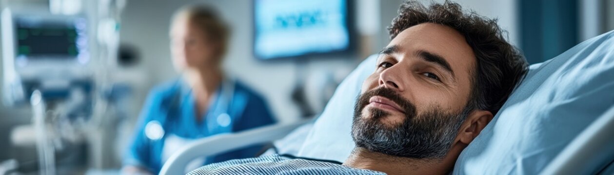 Focused Medical Image Patient Undergoing ECG Monitoring in Hospital for Heart Attack Diagnosis and Treatment This image depicts a male patient receiving crucial cardiac care, highlighting the