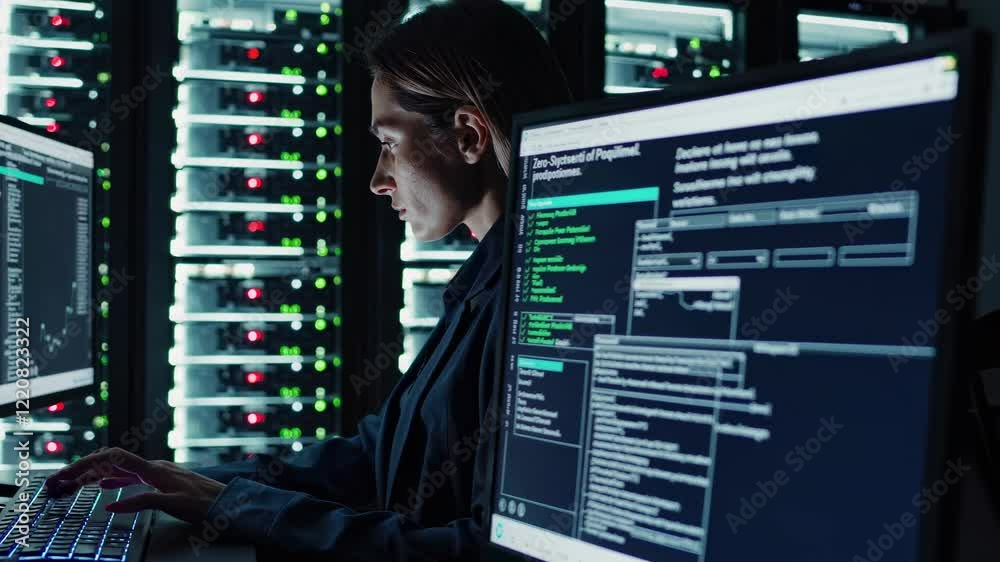 Poster tech expert analyzing data in server room during evening hours for critical insights and system perf