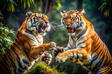 Fototapeta premium Majestic Bengal Tigers Locked in Intense Battle: Wildlife Showdown in the Jungle