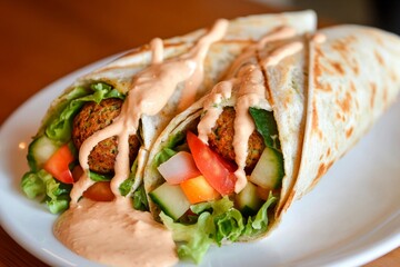 Fresh and flavorful falafel wraps bursting with colorful vegetables and creamy sauce