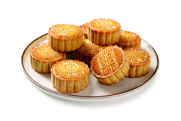 Traditional Chinese dessert. Homemade baked mooncakes filled with nuts and dried fruits, Chinese Mid-Autumn Festival food. isolated on white background