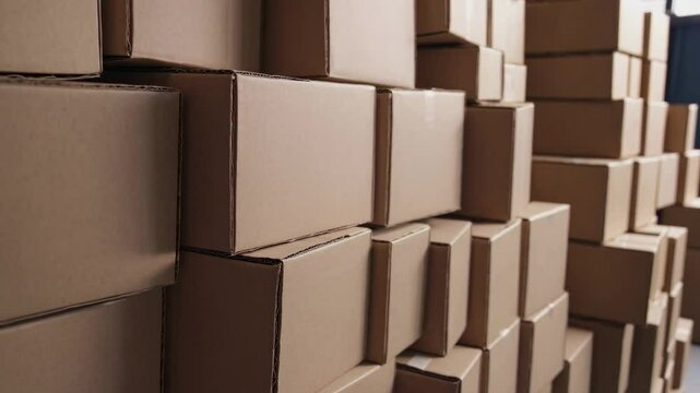 Numerous brown cardboard boxes are stacked tightly in a large warehouse, illuminated by warm sunset light.