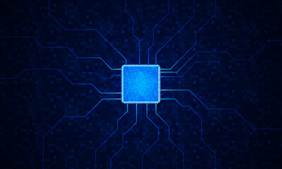 Brightly glowing AI chip on light circuit board on technology blue technology of symbol Hitech communication concept of private key digital world, vector design.