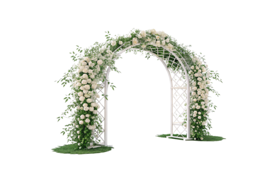 A floral arch with cascading white roses and lush greenery on a trellis design, creating a classic, elegant backdrop. Isolated on a transparent background