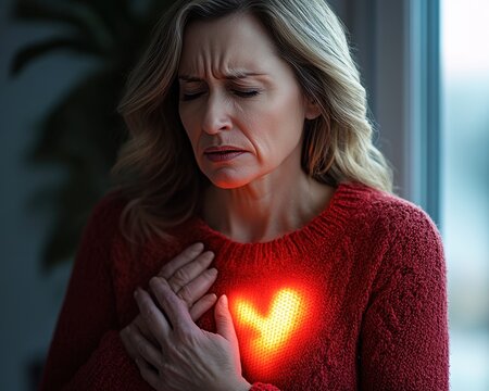 Recognizing the Unexpected A Woman Experiencing Heart Attack Symptoms While Shopping, Clutching Her Chest in Pain, Sudden Chest Discomfort, Warning Signs of a Cardiac Event, Emotional Distress During