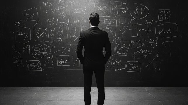 Businessman contemplates complex equations on a large chalkboard in a dark room.