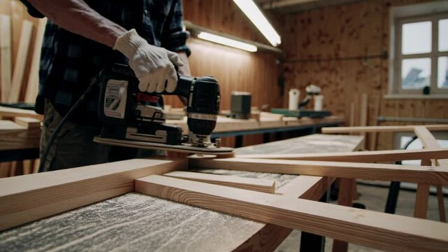 Woodworking in a workshop using power tools to shape lumber and create furniture components