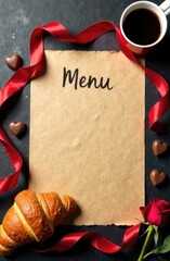 Mockup, brown color paper template with handwritten text MENU on a dark concrete background, flat lay with copy space