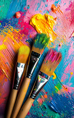 Artistic Brushes in Vivid Hues: A close-up shot displays a collection of paintbrushes resting on a canvas covered in vibrant, colorful strokes of paint.