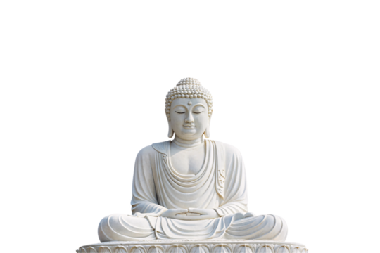 A meditative Buddha in white marble with serene features and delicate folds in the robe, exuding tranquility and harmony. Isolated on a transparent background