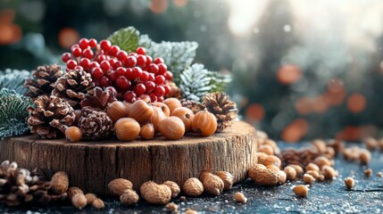 Fototapeta premium Assorted Nuts and Berries on Rustic Tray