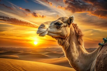 Majestic Camel Silhouette at Golden Hour Desert Sunset - Stock Photo