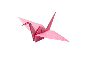 A pink origami crane with a different perspective, highlighting its symmetrical folds and delicate craftsmanship. Isolated on a transparent background
