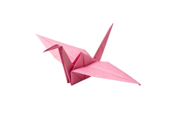 A pink origami crane with a different perspective, highlighting its symmetrical folds and delicate craftsmanship. Isolated on a transparent background