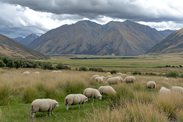 Obraz premium sheep in field near the mountains area
