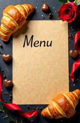Brown color paper template with handwritten text MENU on a dark concrete background, flat lay with copy space