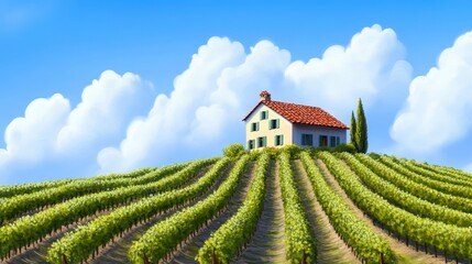 Serene Vineyard Landscape with House and Blue Sky and Clouds