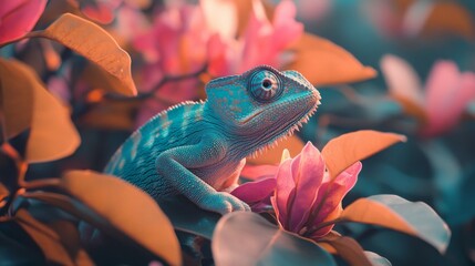 A close-up of a chameleon blending into its environment, showcasing its unique ability to change color against a backdrop of vibrant leaves and branches
