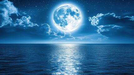 Serene night scene featuring a bright full moon illuminating a calm ocean under a starry sky