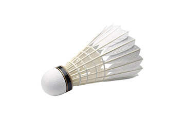 A traditional badminton shuttlecock with a white feather skirt, sturdy cork base, and a black band, designed for professional gameplay. Isolated on a transparent background