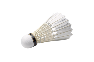 A traditional badminton shuttlecock with a white feather skirt, sturdy cork base, and a black band, designed for professional gameplay. Isolated on a transparent background