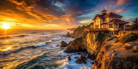 Majestic Cliff House with Dramatic Bokeh, Ocean View, Coastal Home, Sunset Photography