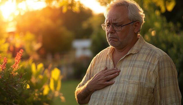 Dramatic Image Senior Man Experiencing Acute Chest Pain While Gardening Outdoors, Elderly Male Suffering Unexpected Heart Attack Symptoms, Gasping for Air, Urgent Medical Attention Needed, Showing