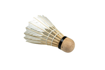 A vintage shuttlecock featuring a natural cork base, white feathers, and a black band, ideal for casual badminton games. Isolated on a transparent background