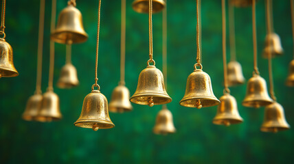 Obraz premium Golden Bells Hanging Against a Green Background