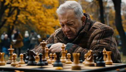 Elderly Man Suffers Acute Chest Pain During a Calm Chess Game in Autumn Park, Dramatic Heart Attack Moment A poignant scene depicting an elderly gentleman experiencing severe chest pain while
