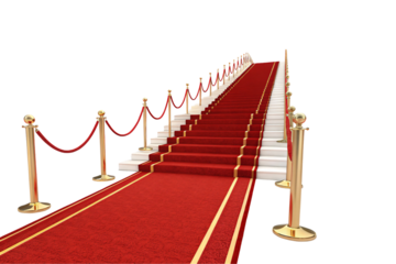 An elegant red-carpeted staircase flanked by golden posts with red ropes, leading upward, symbolizing prestige and grandeur. Isolated on a transparent background
