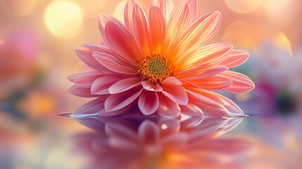 Fototapeta premium A high-definition image of a vibrant flower in rich pink, orange, and yellow hues, displayed against a soft, glowing backdrop. Gentle light rays and soft-focus blooms surround the flower, with a refle