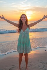 woman in green dress standing on beach with arms outstretched against vibrant sunset. summer vacation at seaside. warm evening light. joyful and carefree. travel and leisure concept.