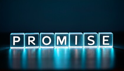 約束を意味する英単語のpromiseの文字が書かれた透明なキューブブロックが横に並んでいる。aiで生成	