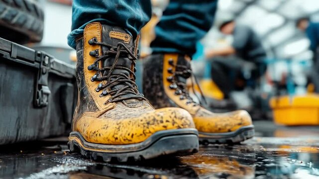 Close-Up of Durable Work Boots in a Grimy Workshop Environment, Emphasizing Construction Footwear Features and Rugged Design for Outdoor Professionals