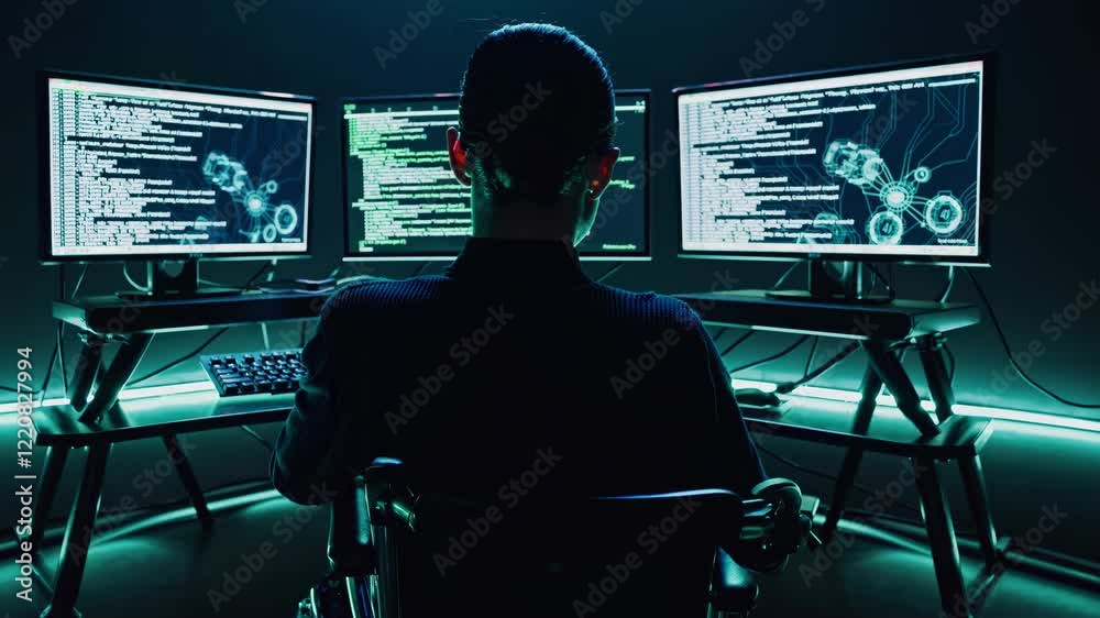 Poster focus on cybersecurity in a dark room with multiple monitors displaying code