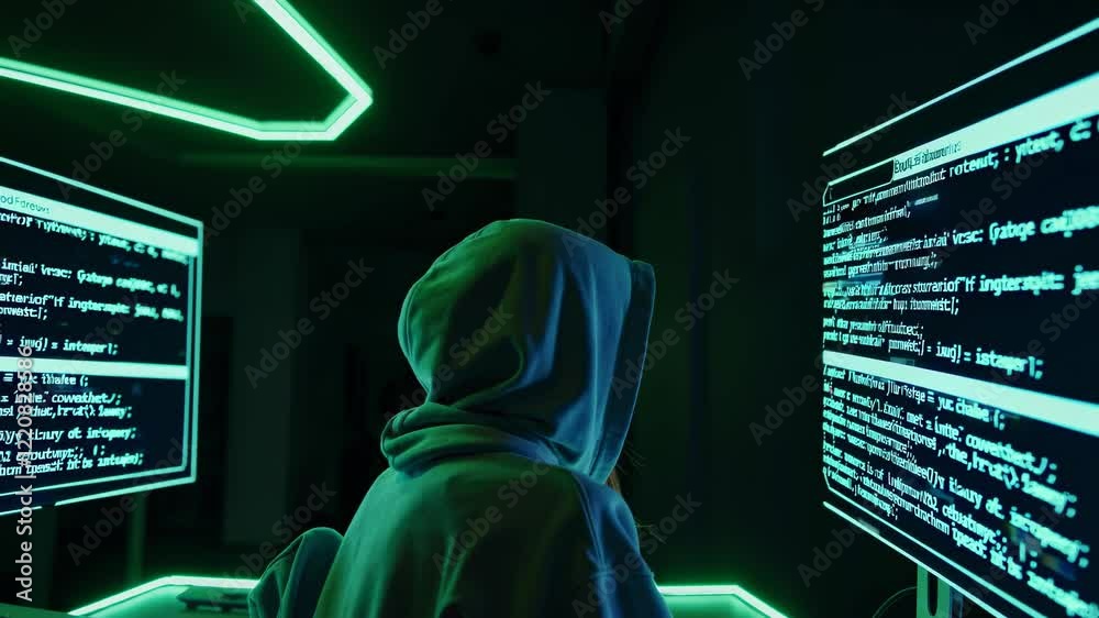 Poster Exploring coding culture at night in a modern workspace with neon lighting and multiple monitors