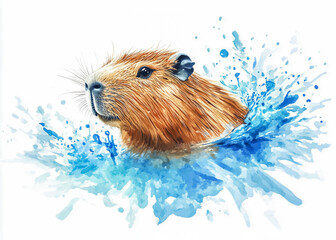 Splashes of Serenity: A Vibrant Watercolor Capybara Illustration