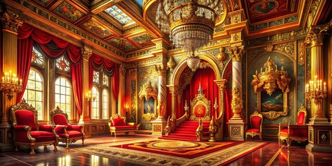 Obraz premium Majestic Fantasy Throne Room: Opulent Royal Palace Interior with Gold & Red Accents