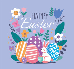 Happy Easter, vector flat illustration. Rabbits and Easter eggs surrounded by nature and decorative elements on a delicate background. For the design of postcards, website, congratulations