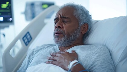 Urgent Medical Care Elderly Man Experiencing Acute Chest Pain and Heart Attack Symptoms in Hospital Bed, Hooked to Monitors, Showing Visible Distress and Need for Immediate Treatment This image