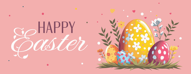 Happy Easter, vector horizontal flat illustration. Easter eggs with different patterns surrounded by nature and decorative elements on a pink background. For design of postcards, website