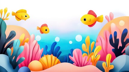 Obraz premium Colorful Underwater Scene with Cartoon Fish and Coral Reef Elements