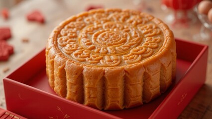 Moon cake or kue bulan, traditional cake usually serve on Chinese New Year Celebrate. Serve on the red box on table