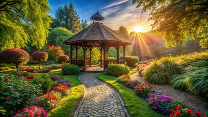 Serene Garden Path Leading to Elegant Gazebo - Stock Photo