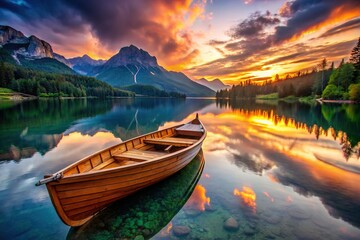 Serene Sunset: Wooden Boat on Calm Lake with Majestic Mountain View