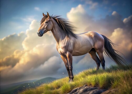 Majestic Grullo Dun Horse on Wilderness Hilltop - Bokeh Effect 3D Render